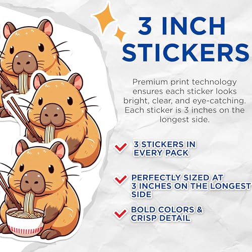 (3 Pack) Capybara Ramen Decals - Noodle Eating Rodent - Cute Animal Art - 3 Inches On Longest Side - Easy Peel & Apply - Made in USA - 3MCS8669