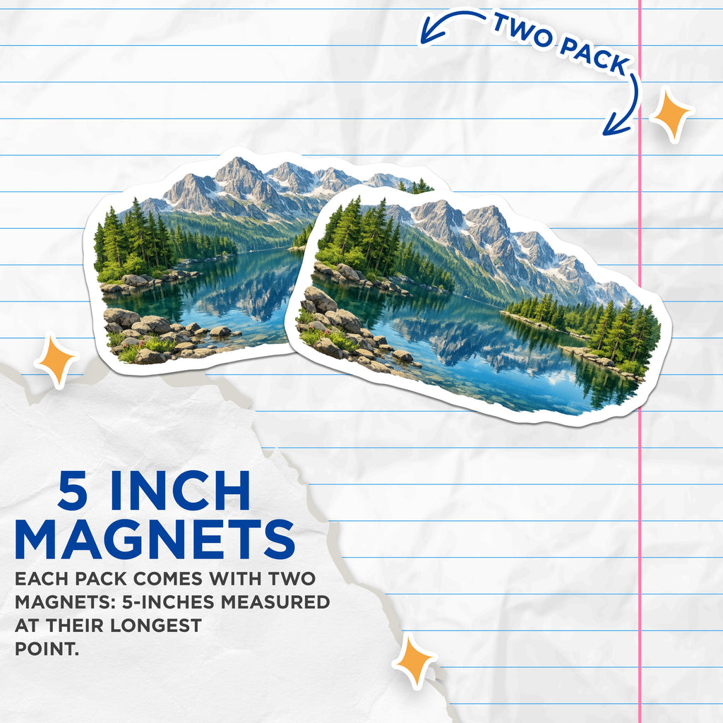 (2 Pack) Mountain Lake Reflection Magnets - Pine Forest Scenery - Outdoor Adventure Decor - 5 Inches On Longest Side - Thick Durable Magnet - Made in USA - MAG39064