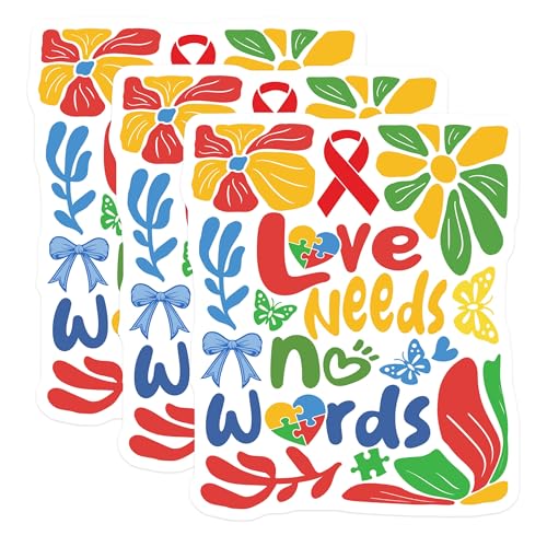 (3 Pack) Autism Awareness Decals - Love Needs No Words - Puzzle Heart Laptop Decal - 3 Inches On Longest Side - Easy Peel & Apply - Made in USA - 3MCS8643