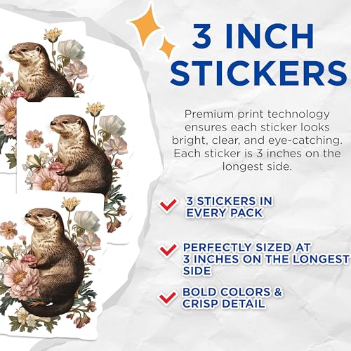 (3 Pack) Otter Decals - Laptop Decal - Floral Animal Sticker - 3 Inches On Longest Side - Easy Peel & Apply - Made in USA - 3MCS2286