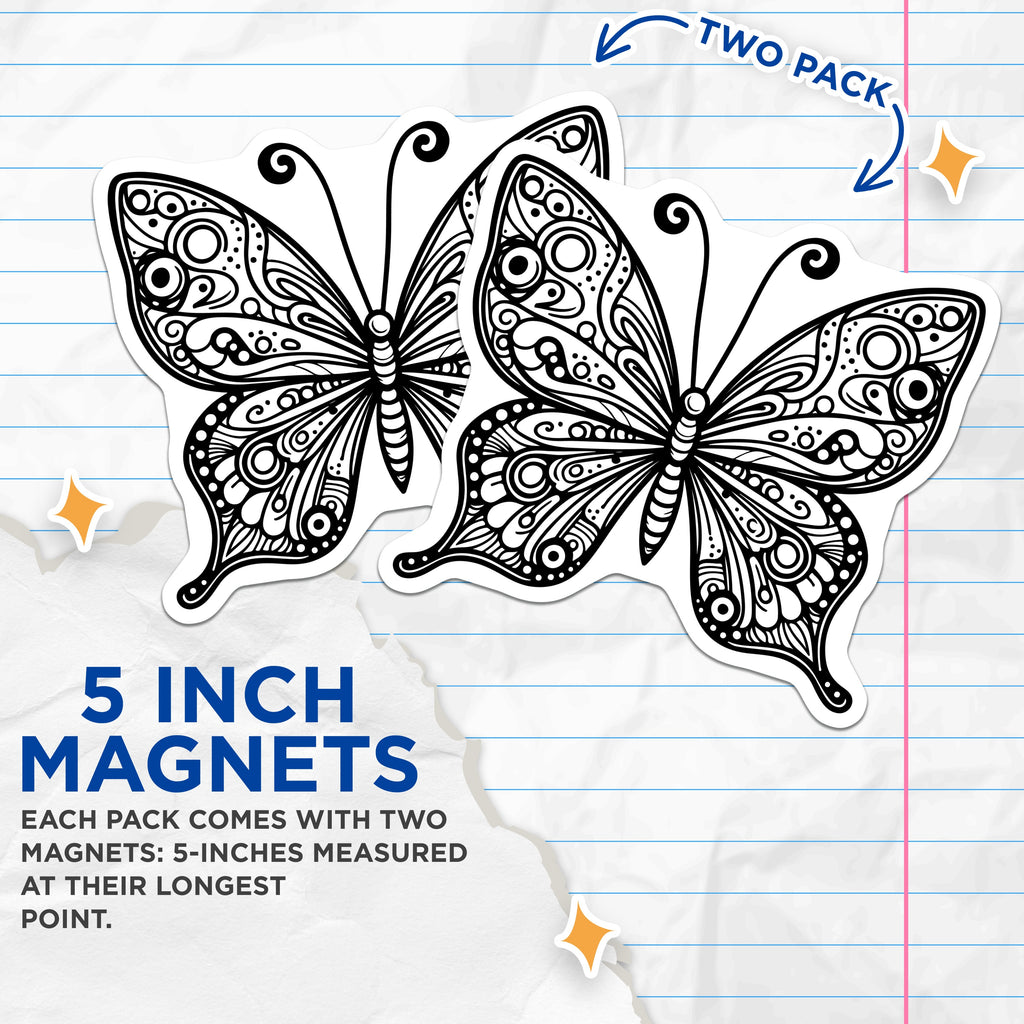 (2 Pack) Intricate Butterfly Magnets - Bohemian Refrigerator Decor - Artistic Nature Inspired Kitchen Accent - 5 Inches On Longest Side - Thick Durable Magnet - Made in USA - MAG39190