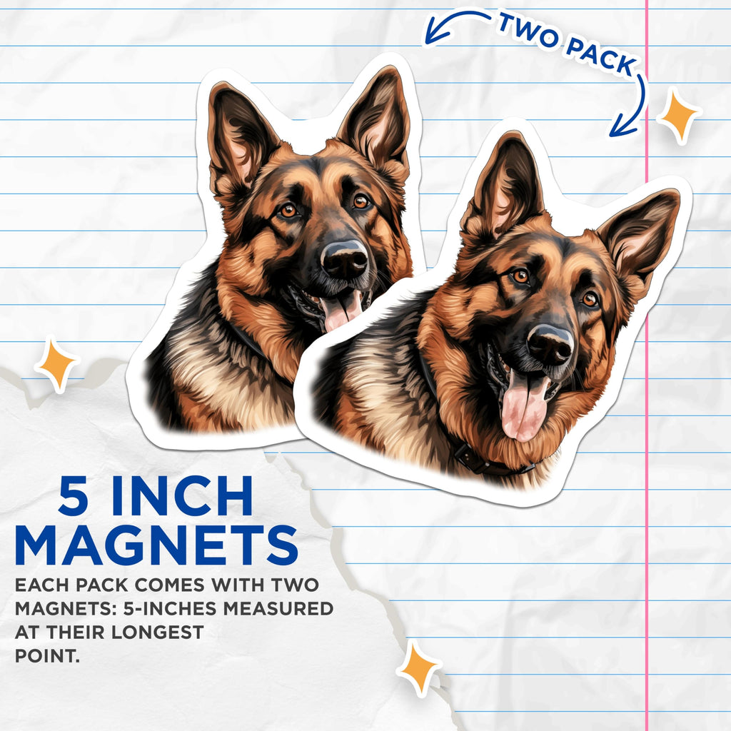 (2 Pack) German Shepherd Magnets - Dog Owner Refrigerator Decor - Pet Lover Canine Art - 5 Inches On Longest Side - Thick Durable Magnet - Made in USA - MAG29792