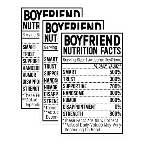 (3 Pack) Boyfriend Nutrition Facts Decals - Funny Boyfriend - Love Decal - 3 Inches On Longest Side - Easy Peel & Apply - Made in USA - 3MCS2726
