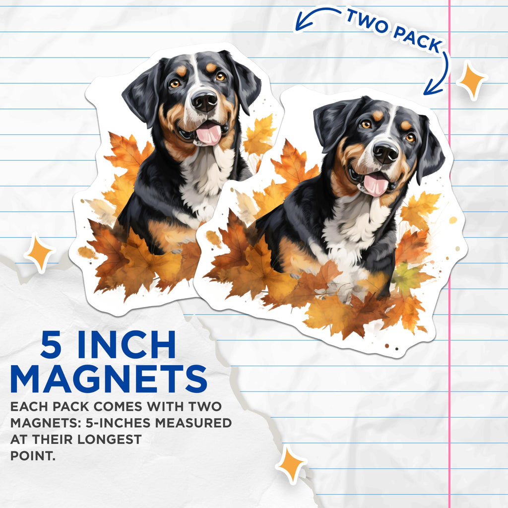 (2 Pack) Bernese Mountain Dog Magnets - Autumn Leaves Dog Art - Pet Owner Refrigerator Decor - 5 Inches On Longest Side - Thick Durable Magnet - Made in USA - MAG25039