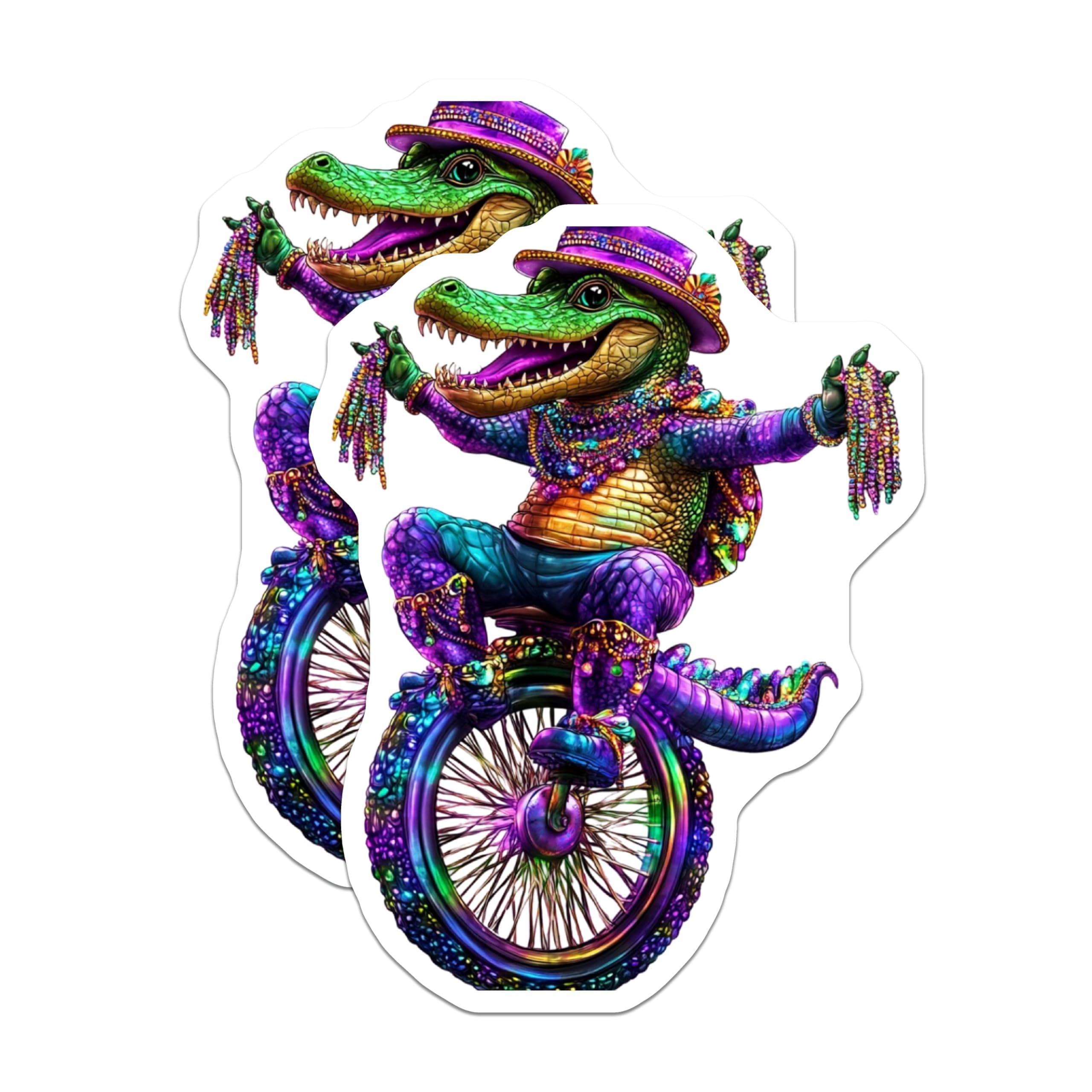(2 Pack) Alligator Mardi Gras Stickers - Party Gator - Unicycle Rider - Colorful Stickers - 5" On Longest Side - Sticks to Smooth Flat Surfaces - Made in USA - BMCS15547