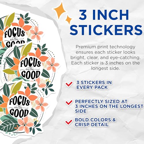 (3 Pack) Focus on The Good Decals - Floral Laptop Decal - Inspirational Positive Quote Stickers - 3 Inches On Longest Side - Easy Peel & Apply - Made in USA - 3MCS2635