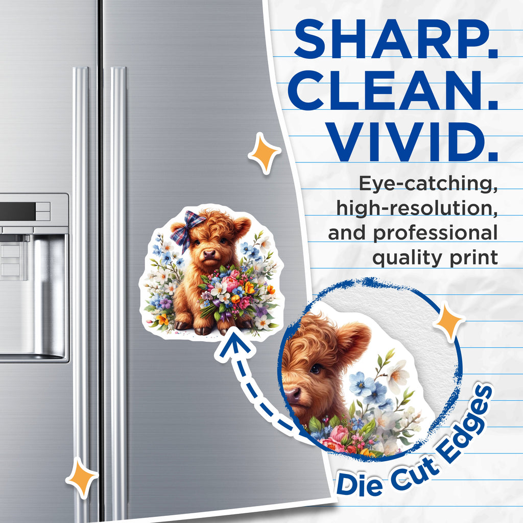 (2 Pack) Cute Highland Cow Magnets - Whimsical Baby Calf Decor - Floral Farmhouse Refrigerator Art - 5 Inches On Longest Side - Thick Durable Magnet - Made in USA - MAG39605