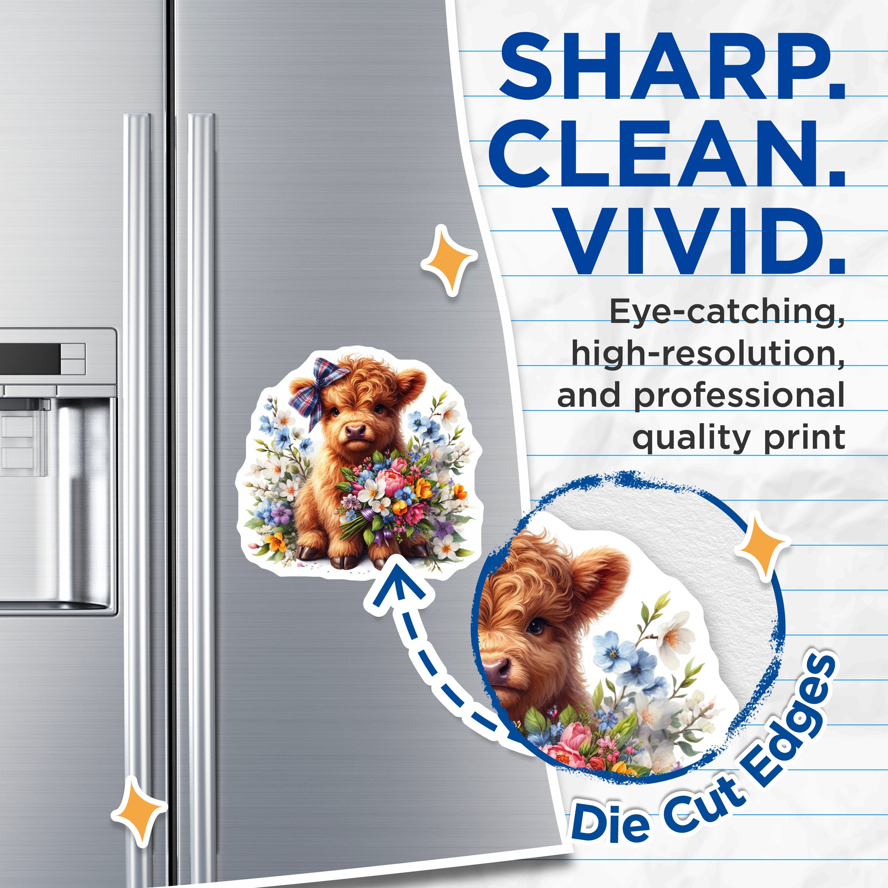 (2 Pack) Cute Highland Cow Magnets - Whimsical Baby Calf Decor - Floral Farmhouse Refrigerator Art - 5 Inches On Longest Side - Thick Durable Magnet - Made in USA - MAG39605