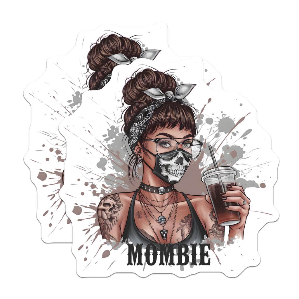 (2 Pack) Mombie Magnets - Messy Bun Coffee Lover Skull Mask - Alternative Mom Life Decals - 5 Inches On Longest Side - Thick Durable Magnet - Made in USA - MAG23228