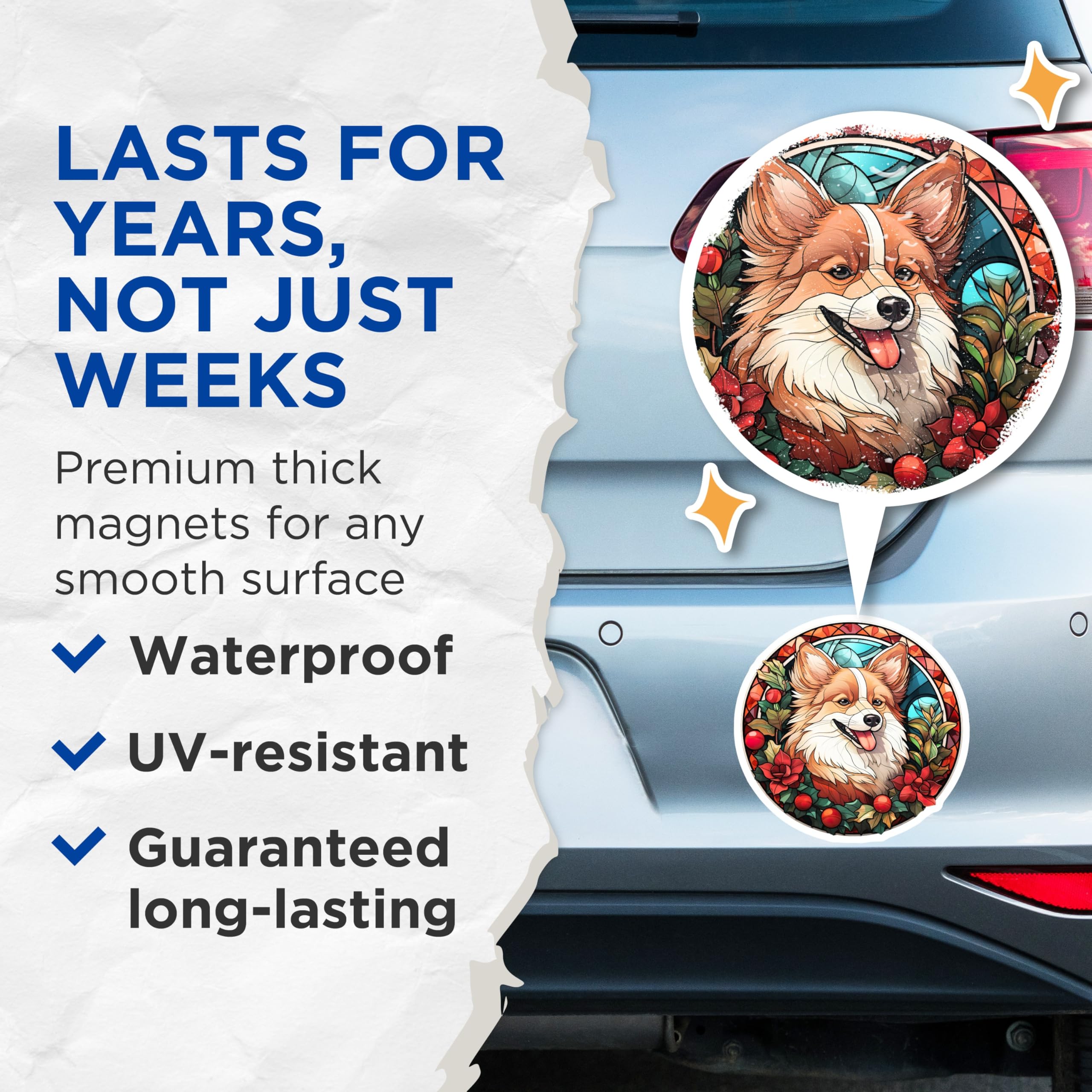 (2 Pack) Corgi Stained Glass Magnets - Holiday Dog Decor - Cute Pet Fridge Art - 5 Inches On Longest Side - Thick Durable Magnet - Made in USA - MAG27091
