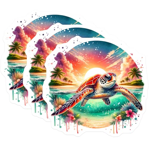 (3 Pack) Sea Turtle Decals - Tropical Beach Scene - Ocean Animal Stickers - 3 Inches On Longest Side - Easy Peel & Apply - Made in USA - 3MCS7972