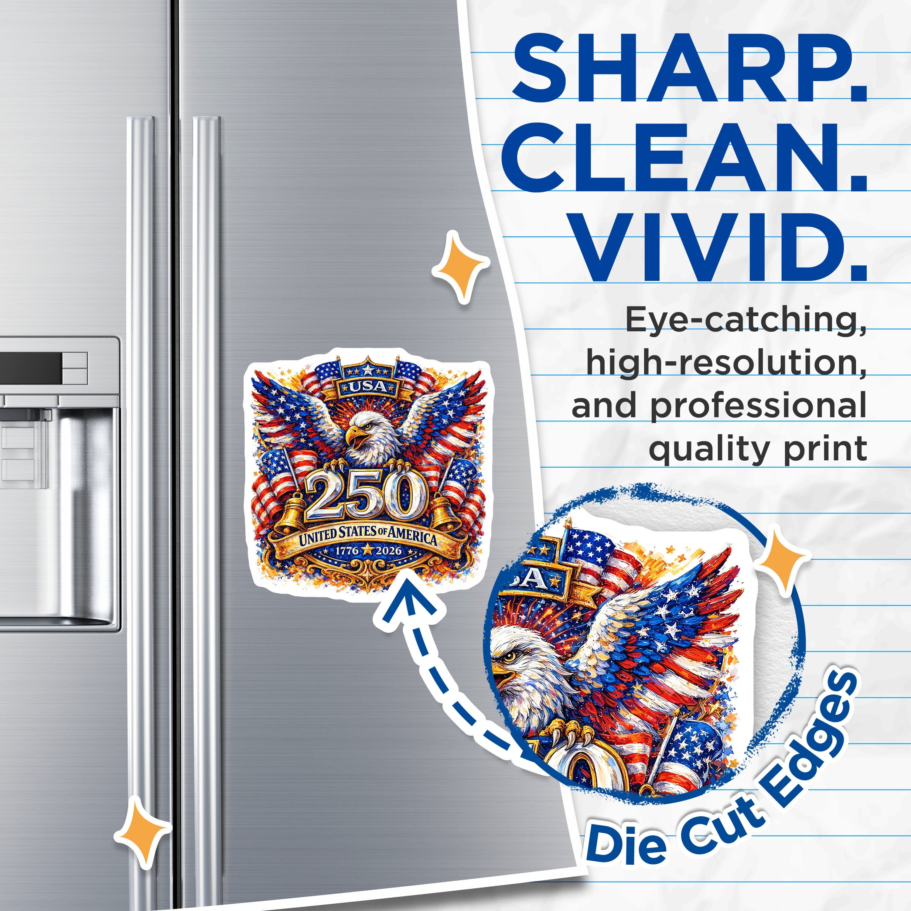 (2 Pack) 250th Anniversary USA Magnets - United States Independence - Patriotic Eagle Art - 5 Inches On Longest Side - Thick Durable Magnet - Made in USA - MAG36554