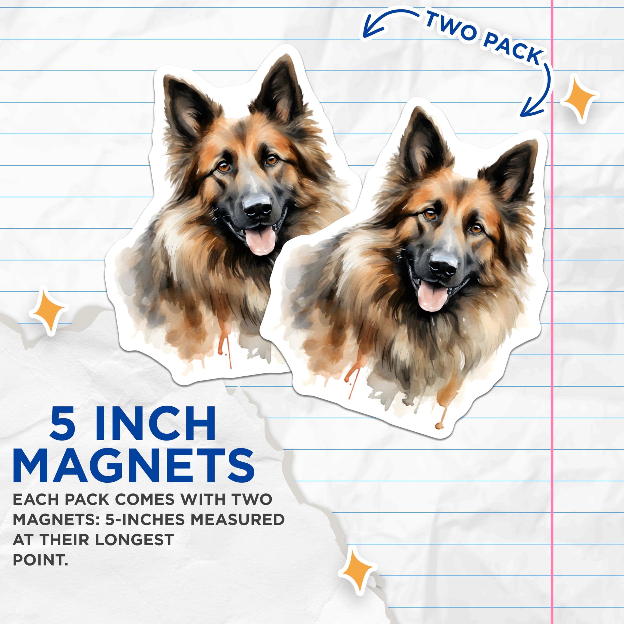 (2 Pack) German Shepherd Magnets - Watercolor Dog Art - Pet Lover Decor - 5 Inches On Longest Side - Thick Durable Magnet - Made in USA - MAG24508