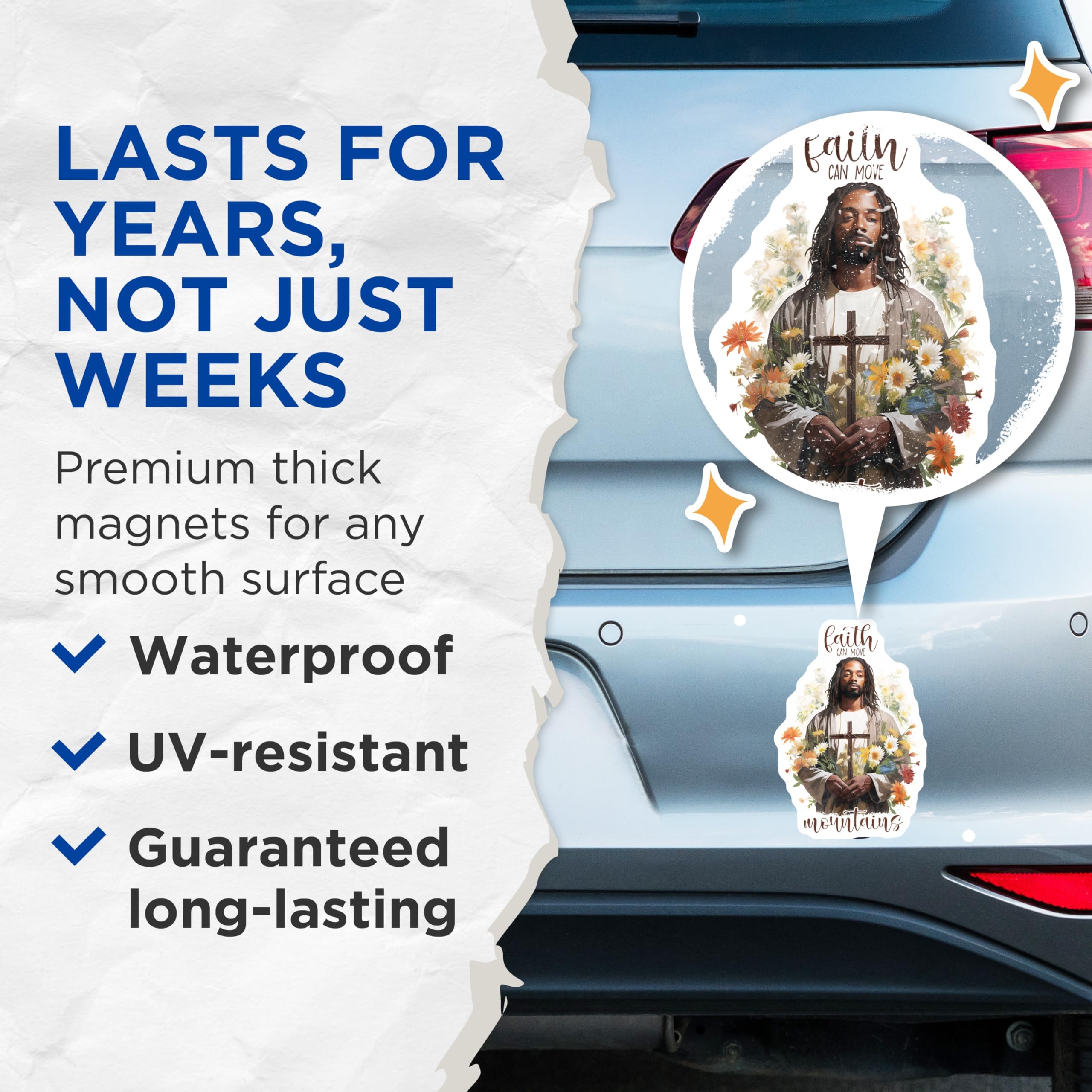 (2 Pack) Black Jesus Christ Magnets - Faith Can Move Mountains Scripture Quote - Inspirational Christian Refrigerator Decor - 5 Inches On Longest Side - Thick Durable Magnet - Made in USA - MAG22388