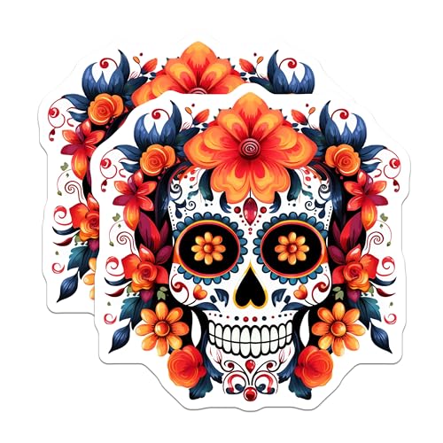 (2 Pack) Day of The Dead Stickers - Sugar Skull Stickers - Colorful Skull Art Stickers - 5" On Longest Side - Sticks to Smooth Flat Surfaces - Made in USA - BMCS4571