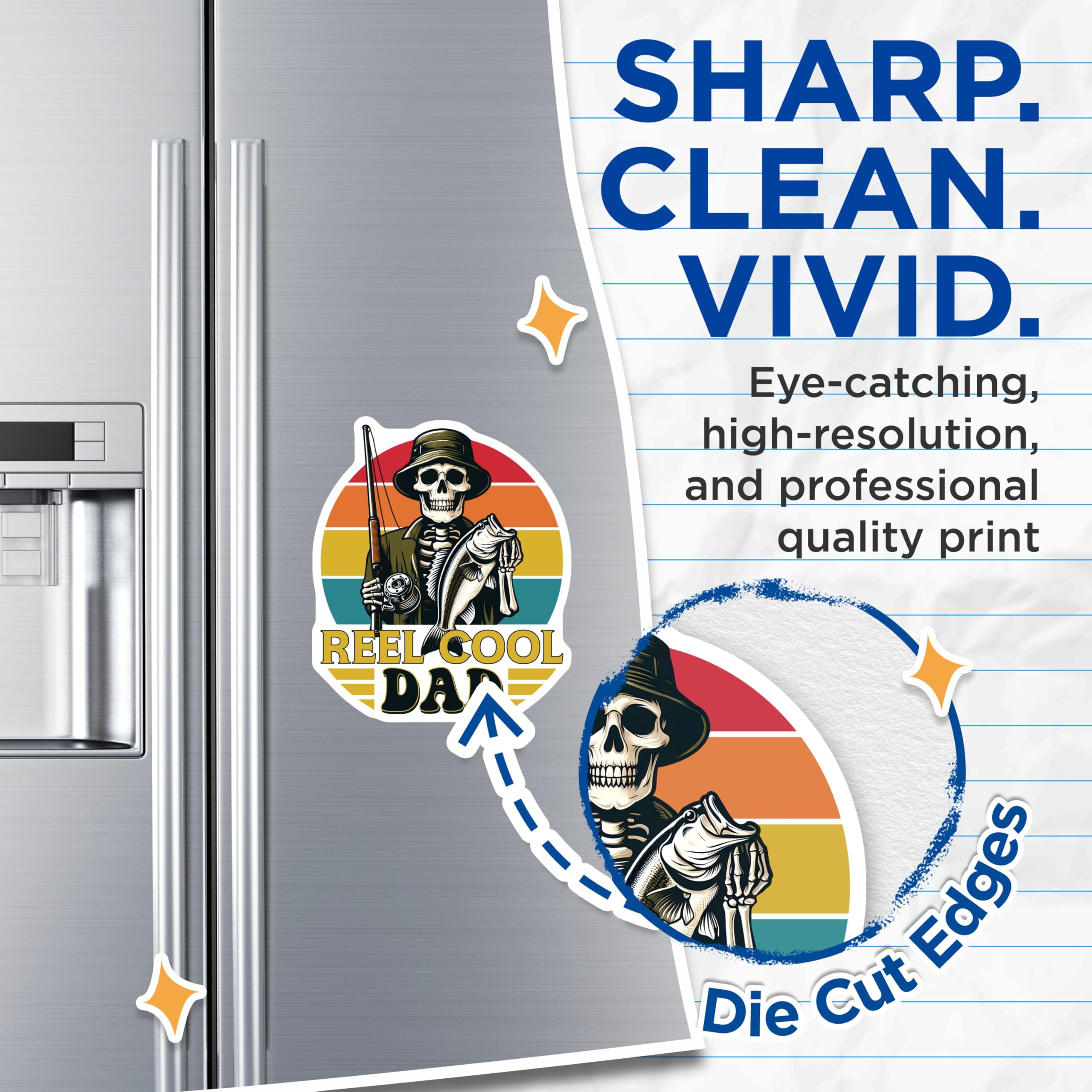 (2 Pack) Fishing Dad Magnets - Reel Cool Dad - Skeleton Fisherman Magnet for Dad - 5" On Longest Side - Premium Magnet - for Cars, Refrigerators, Toolboxes, Lockers - Made in USA - MAG18993