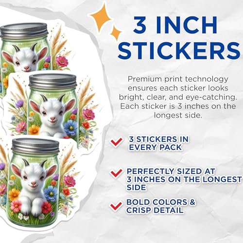 (3 Pack) Baby Goat Decals - Floral Mason Jar Art - Cute Animal Stickers - 3 Inches On Longest Side - Easy Peel & Apply - Made in USA - 3MCS8127