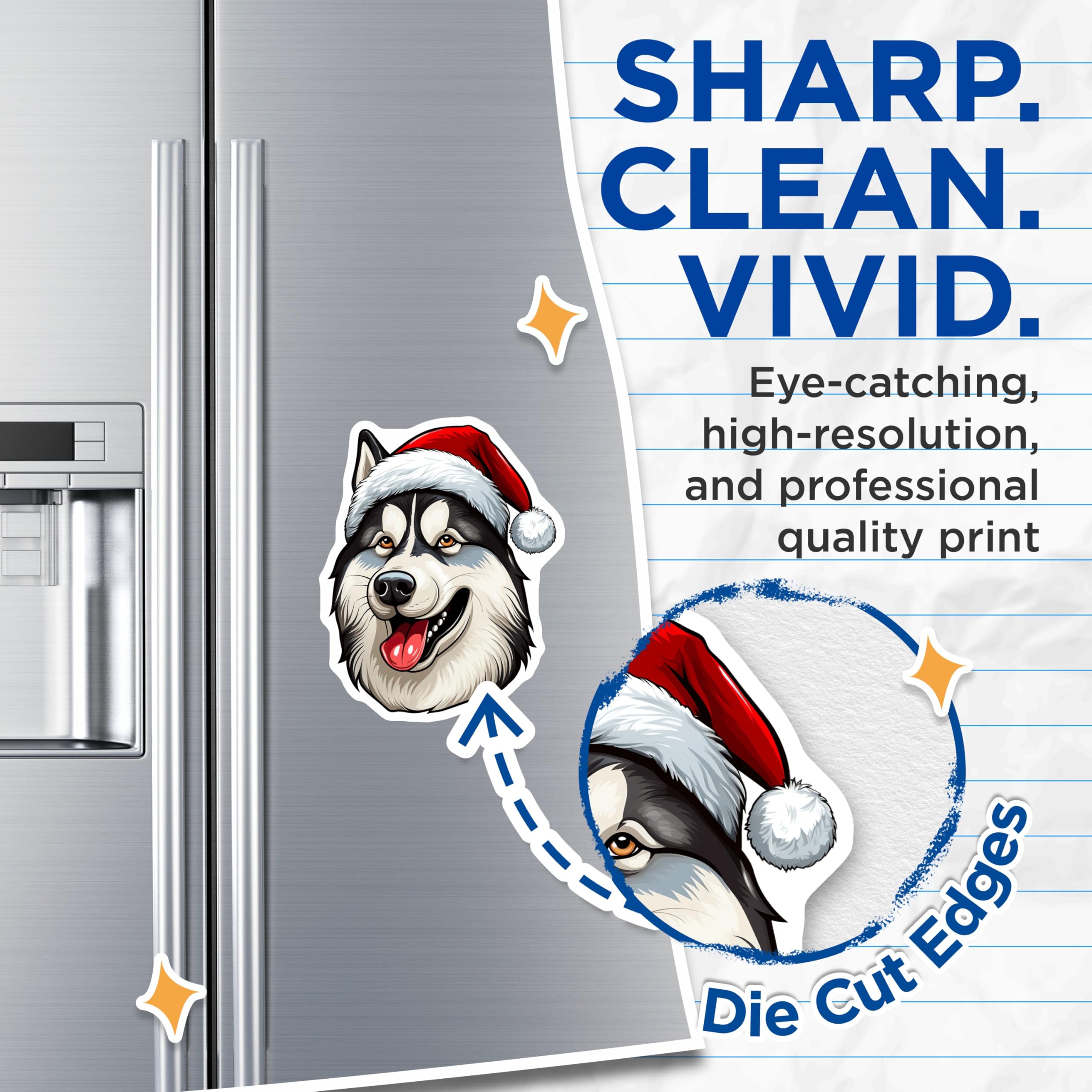 (2 Pack) Siberian Husky Magnets - Festive Christmas Dog Decor - Adorable Santa Hat Pet Head - Holiday Animal Lover Collection - 5 Inches On Longest Side - Thick Durable Magnet - Made in USA - MAG24598