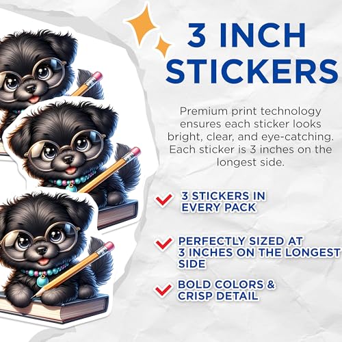 (3 Pack) Smart Puppy Dog Decals - Glasses Wearing Animal Decal - Laptop Decals - 3 Inches On Longest Side - Easy Peel & Apply - Made in USA - 3MCS8154