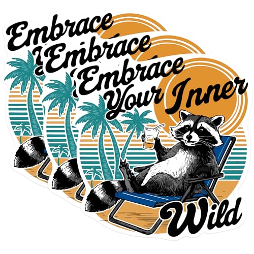 (3 Pack) Raccoon Laptop Decals - Embrace Inner Wild - Beach Vibe Decals - 3 Inches On Longest Side - Easy Peel & Apply - Made in USA - 3MCS0944