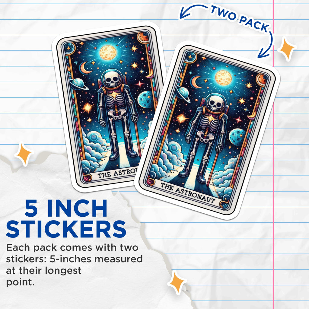 (2 Pack) Space Skeleton Astronaut Stickers - Cosmic Skeleton Vinyl Decals - Astronaut Themed Stickers for Laptop - 5" On Longest Side - Sticks to Smooth Flat Surfaces - Made in USA - BMCS5349