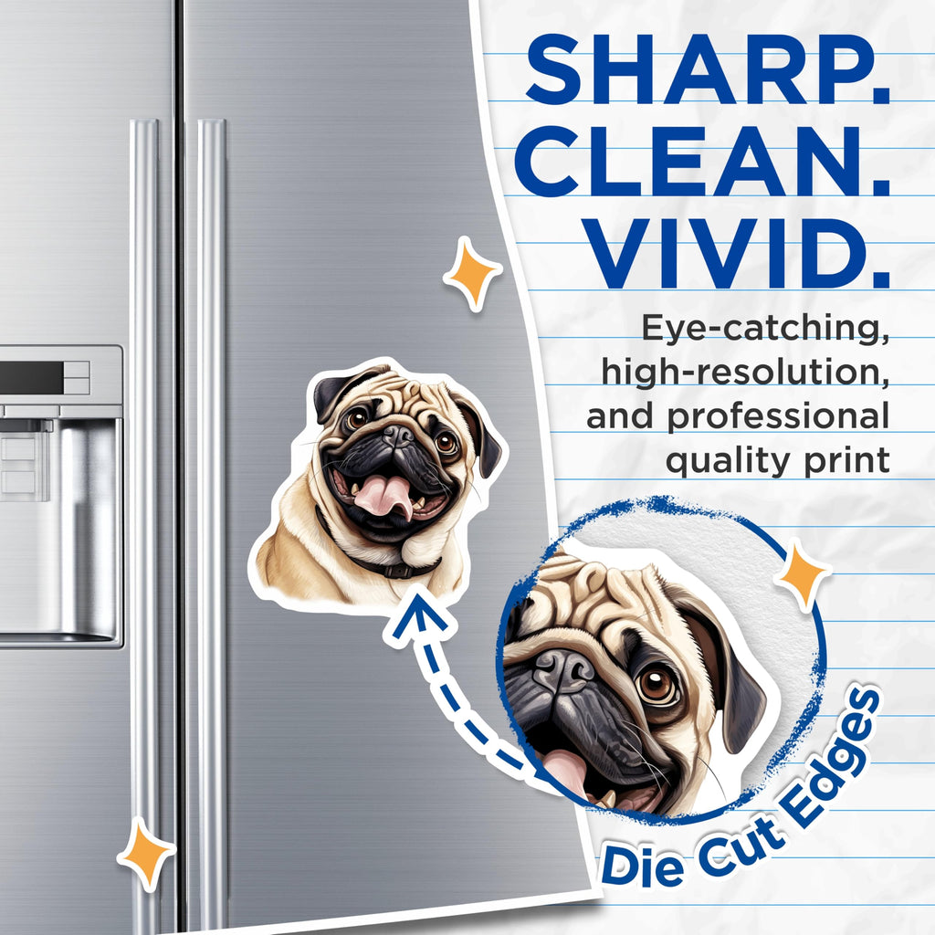 (2 Pack) Happy Pug Dog Magnets - Smiling Canine Art - Adorable Pet Lover Accent - 5 Inches On Longest Side - Thick Durable Magnet - Made in USA - MAG24970