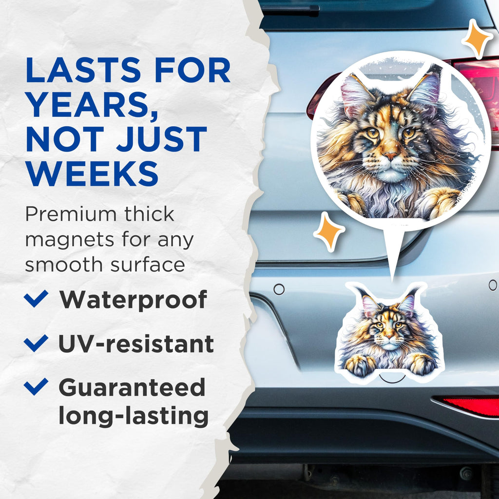 (2 Pack) Maine Coon Cat Magnets - Cute Pet Decor - Refrigerator Locker Accessories - 5" On Longest Side - Premium Magnet - for Cars, Refrigerators, Toolboxes, Lockers - Made in USA - MAG15408