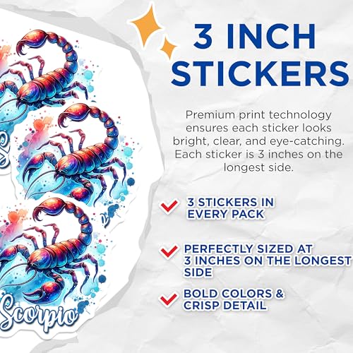 (3 Pack) Scorpio Zodiac Decals - Watercolor Astrology Sign - Laptop Decal- 3 Inches On Longest Side - Easy Peel & Apply - Made in USA - 3MCS5602