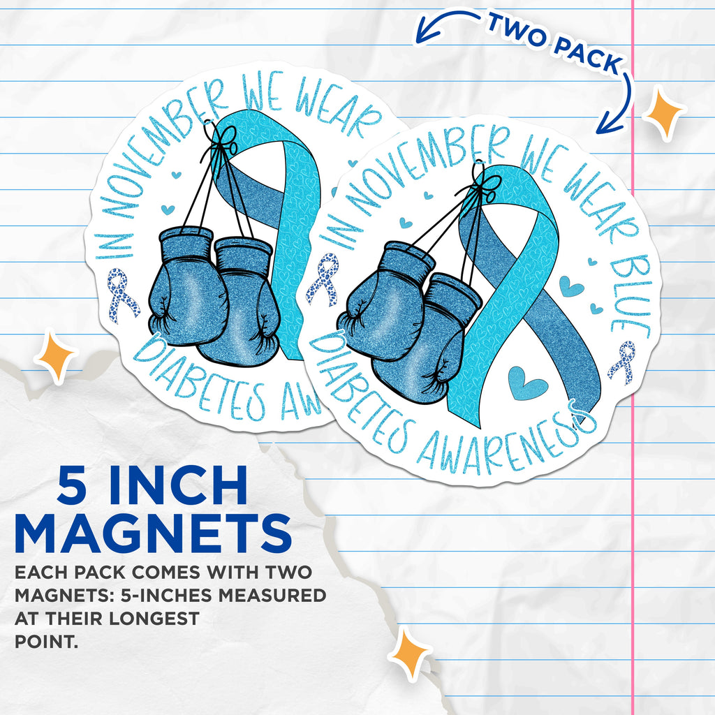 (2 Pack) Diabetes Awareness Magnets - November Blue Ribbon - Fighter Boxing Gloves - 5 Inches On Longest Side - Thick Durable Magnet - Made in USA - MAG39085