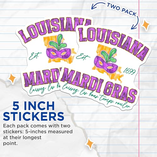 (2 Pack) Louisiana Mardi Gras Stickers - Louisiana State Mask - Mardi Gras Let The Good Times Roll - 5" On Longest Side - Sticks to Smooth Flat Surfaces - Made in USA - BMCS6385