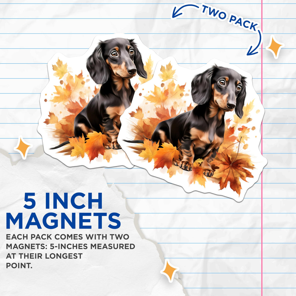 (2 Pack) Long Haired Dachshund Magnets - Fall Wiener Dog Art - Autumn Leaves Decor - Dog Lover Accessory - 5 Inches On Longest Side - Thick Durable Magnet - Made in USA - MAG26761