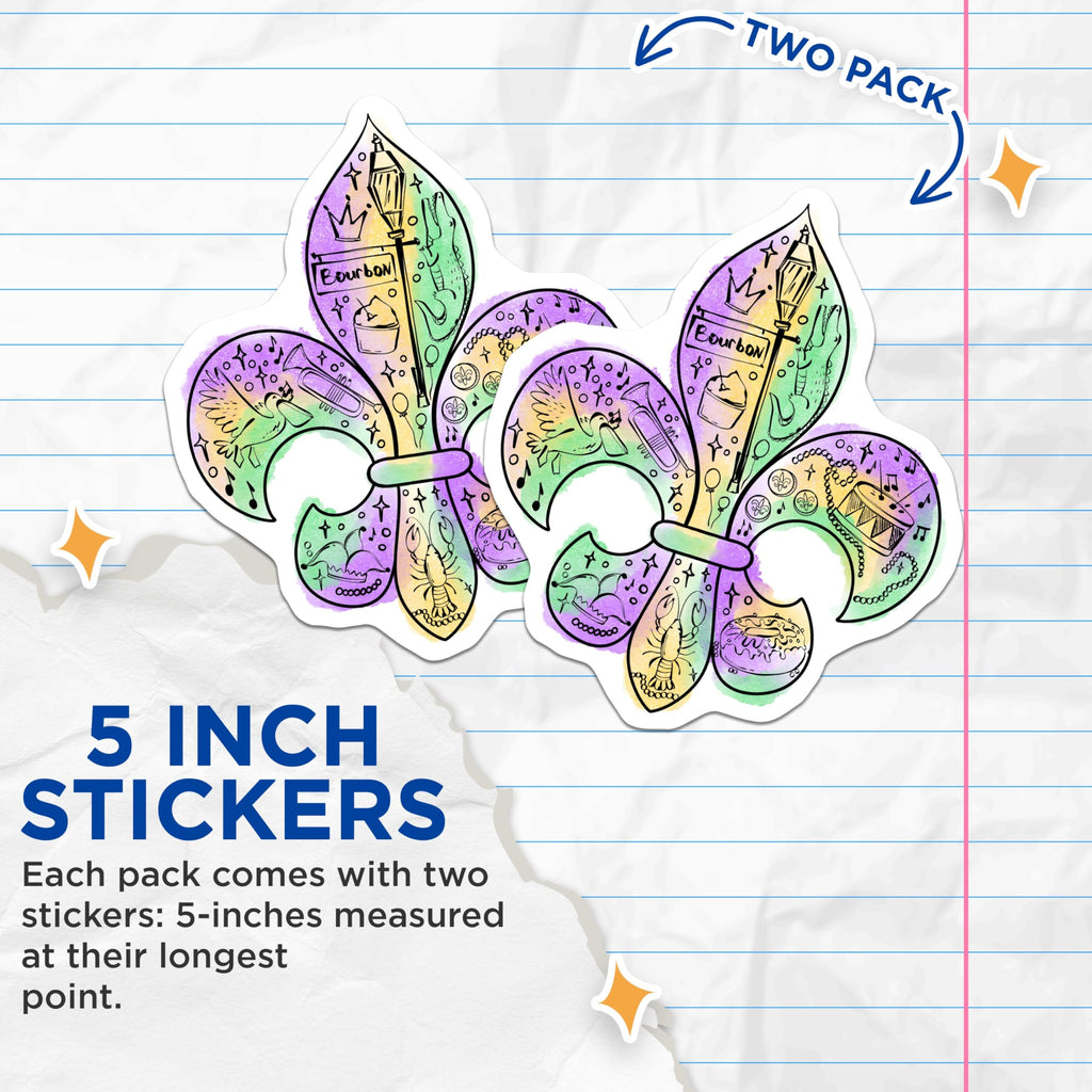 (2 Pack) New Orleans Fleur de Lis Stickers - Mardi Gras Stickers - Louisiana Culture Stickers - 5" On Longest Side - Sticks to Smooth Flat Surfaces - Made in USA - BMCS3994