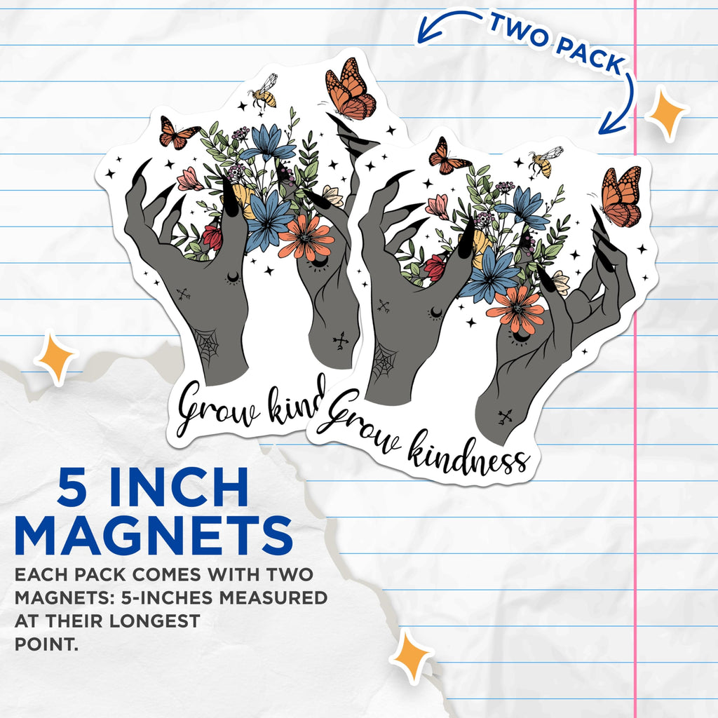 (2 Pack) Grow Kindness Magnets - Witchy Hands - Floral Butterfly Bee Refrigerator Decor - 5" On Longest Side - Premium Magnet - for Cars, Refrigerators, Toolboxes, Lockers - Made in USA - MAG18213