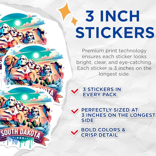 (3 Pack) Mount Rushmore Decals - South Dakota Decal - Laptop Decal- 3 Inches On Longest Side - Easy Peel & Apply - Made in USA - 3MCS5600