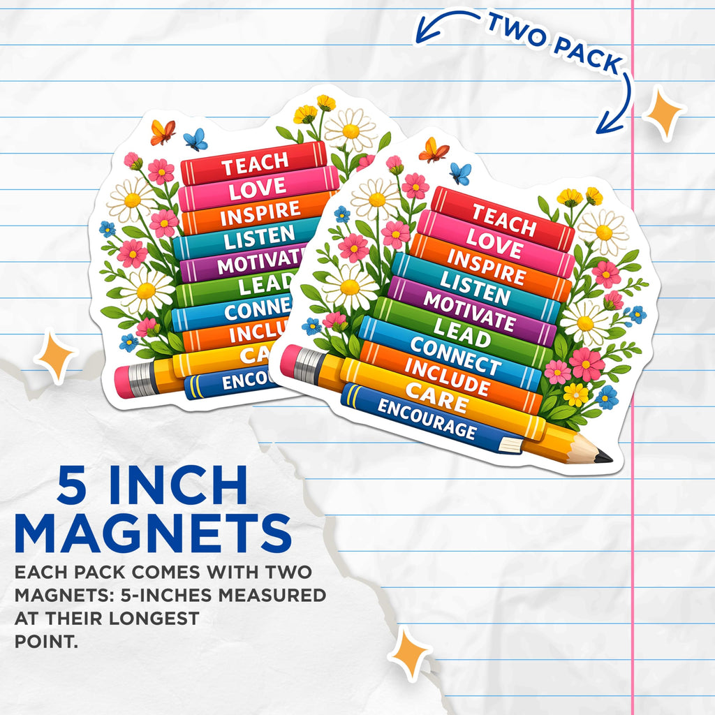 (2 Pack) Teacher Appreciation Magnets - Inspirational Books Pencil Decor - Educator Motivation Learning - 5 Inches On Longest Side - Thick Durable Magnet - Made in USA - MAG22645