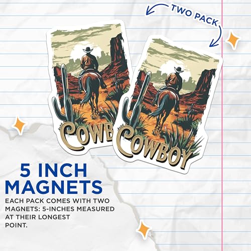 (2 Pack) Cowboy Magnets - Western Theme - Rustic Decor - Wild West - Cowboy Art - 5" On Longest Side - for Cars, Refrigerators, Toolboxes, Lockers - Made in USA BMCS3482
