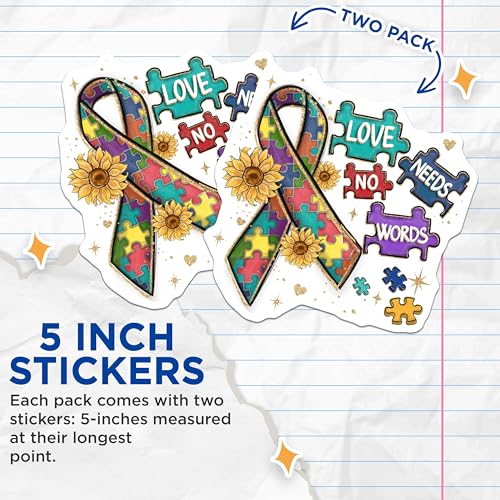 (2 Pack) Autism Awareness Stickers - Love Needs No Words Stickers - Puzzle Piece Ribbon Stickers - 5" On Longest Side - Sticks to Smooth Flat Surfaces - Made in USA - BMCS4155