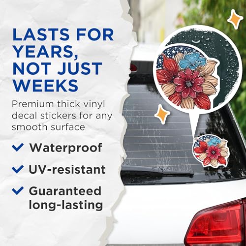 (2 Pack) Floral Patriotic Stickers - USA Flag Sticker - Vintage Flower Sticker - 5" On Longest Side - Sticks to Smooth Flat Surfaces - Made in USA - BMCS8986