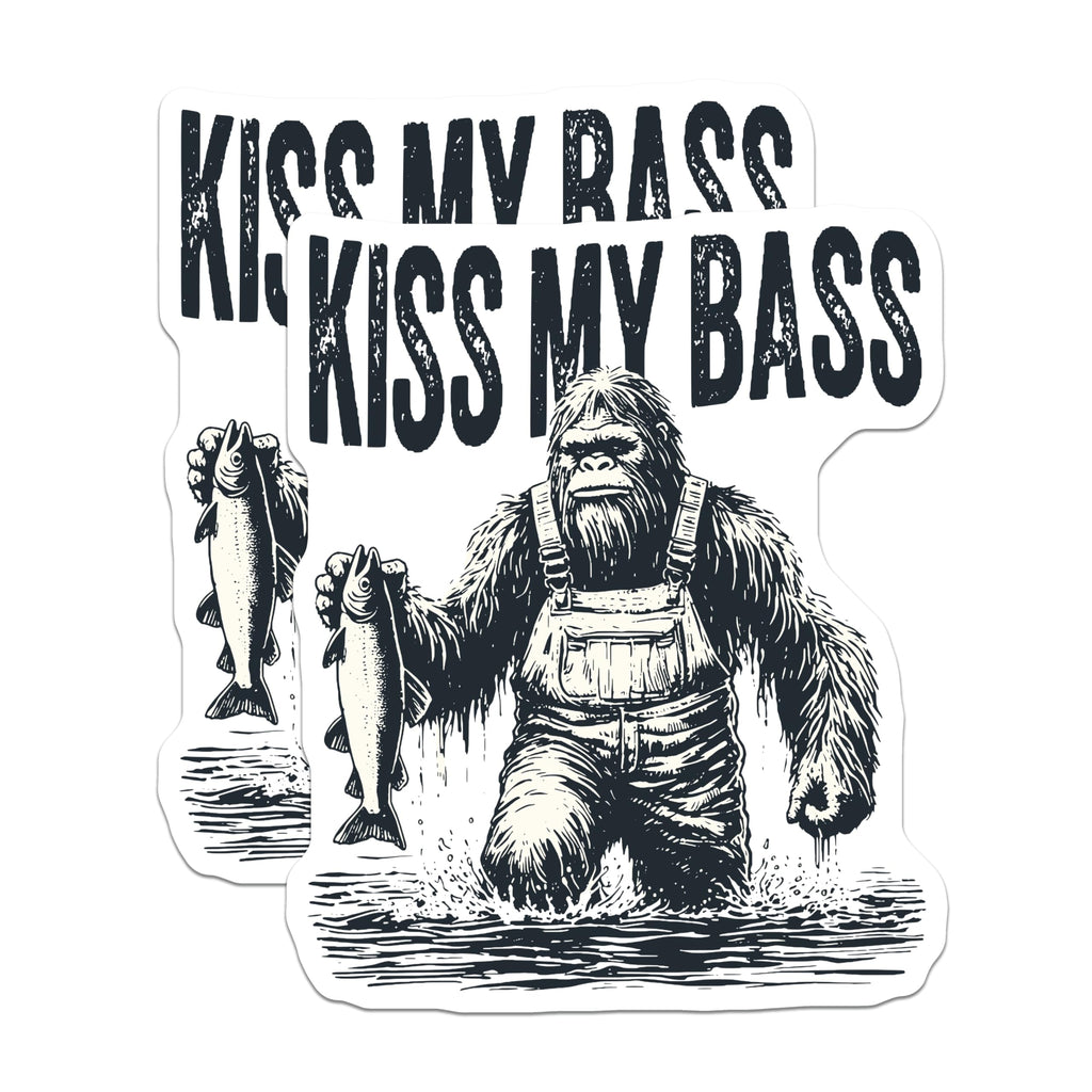 (2 Pack) Kiss My Bass Magnets - Funny Bigfoot Fishing Angler Humor - Sasquatch Outdoors Decor for Fishermen - 5 Inches On Longest Side - Thick Durable Magnet - Made in USA - MAG21073