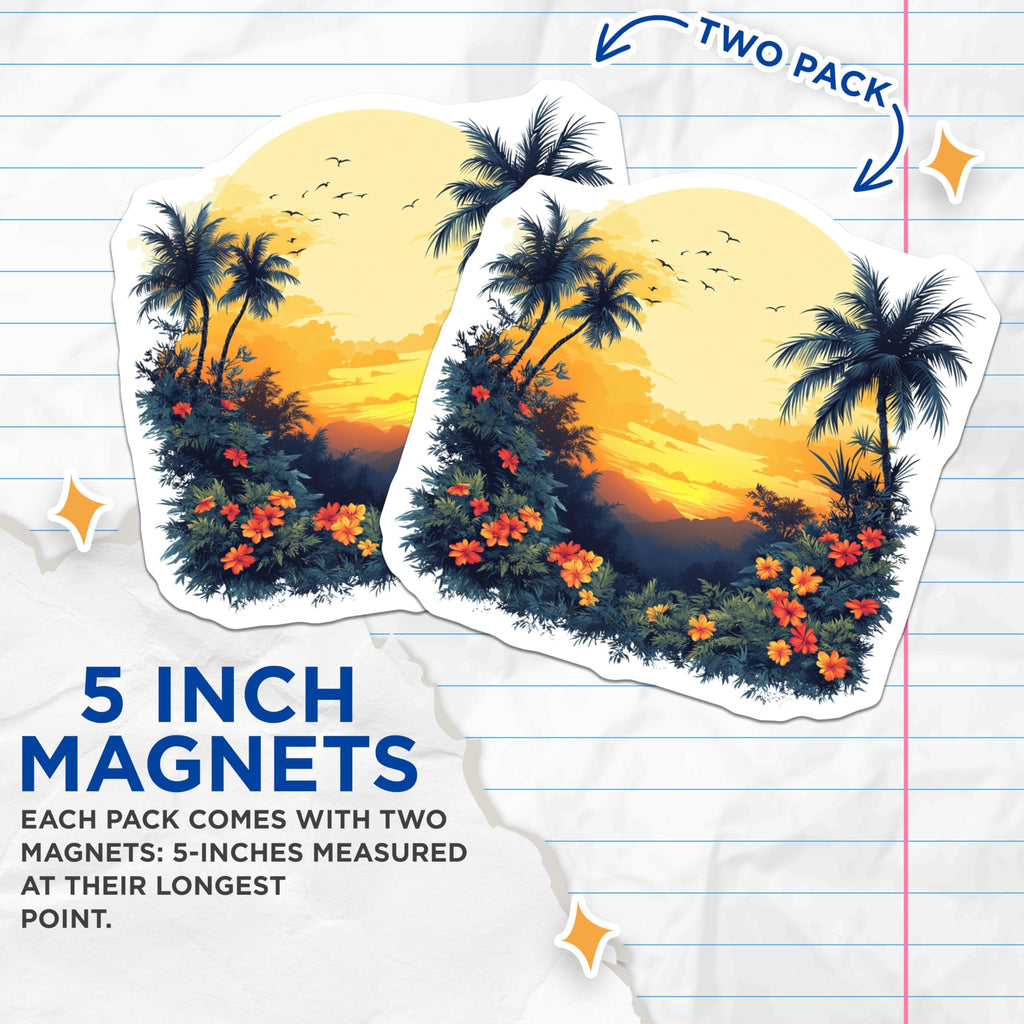 (2 Pack) Tropical Sunset Magnets - Palm Tree Beach Landscape - Exotic Island Flowers Birds - Vibrant Horizon Scenery - 5 Inches On Longest Side - Thick Durable Magnet - Made in USA - MAG24568