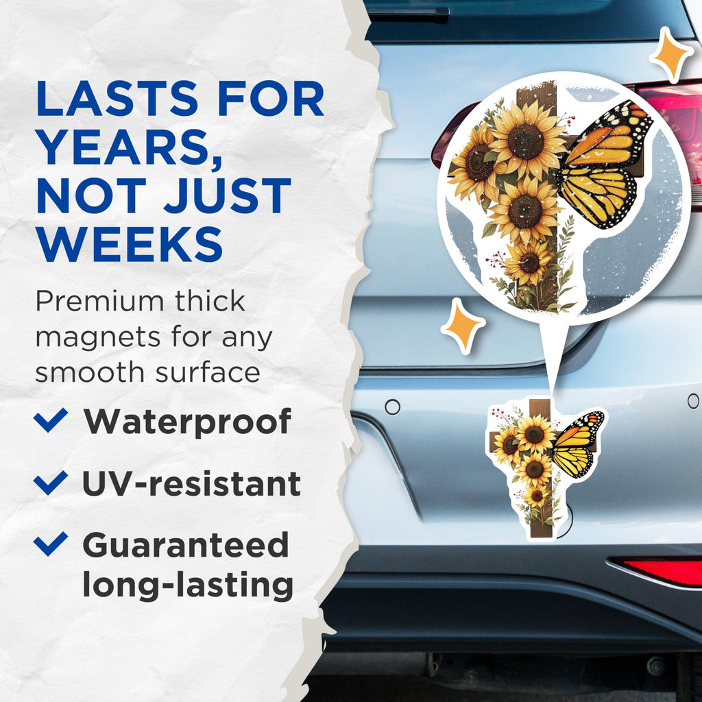 (2 Pack) Sunflower Cross Magnets - Monarch Butterfly - Religious Kitchen Decor - 5" On Longest Side - Premium Magnet - for Cars, Refrigerators, Toolboxes, Lockers - Made in USA - MAG16897
