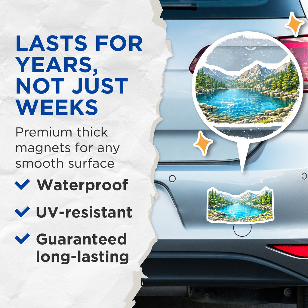 (2 Pack) Mountain Lake Magnets - Nature Landscape Refrigerator Decor - Scenic Lake View - Outdoorsy Home Adornment - 5 Inches On Longest Side - Thick Durable Magnet - Made in USA - MAG36951