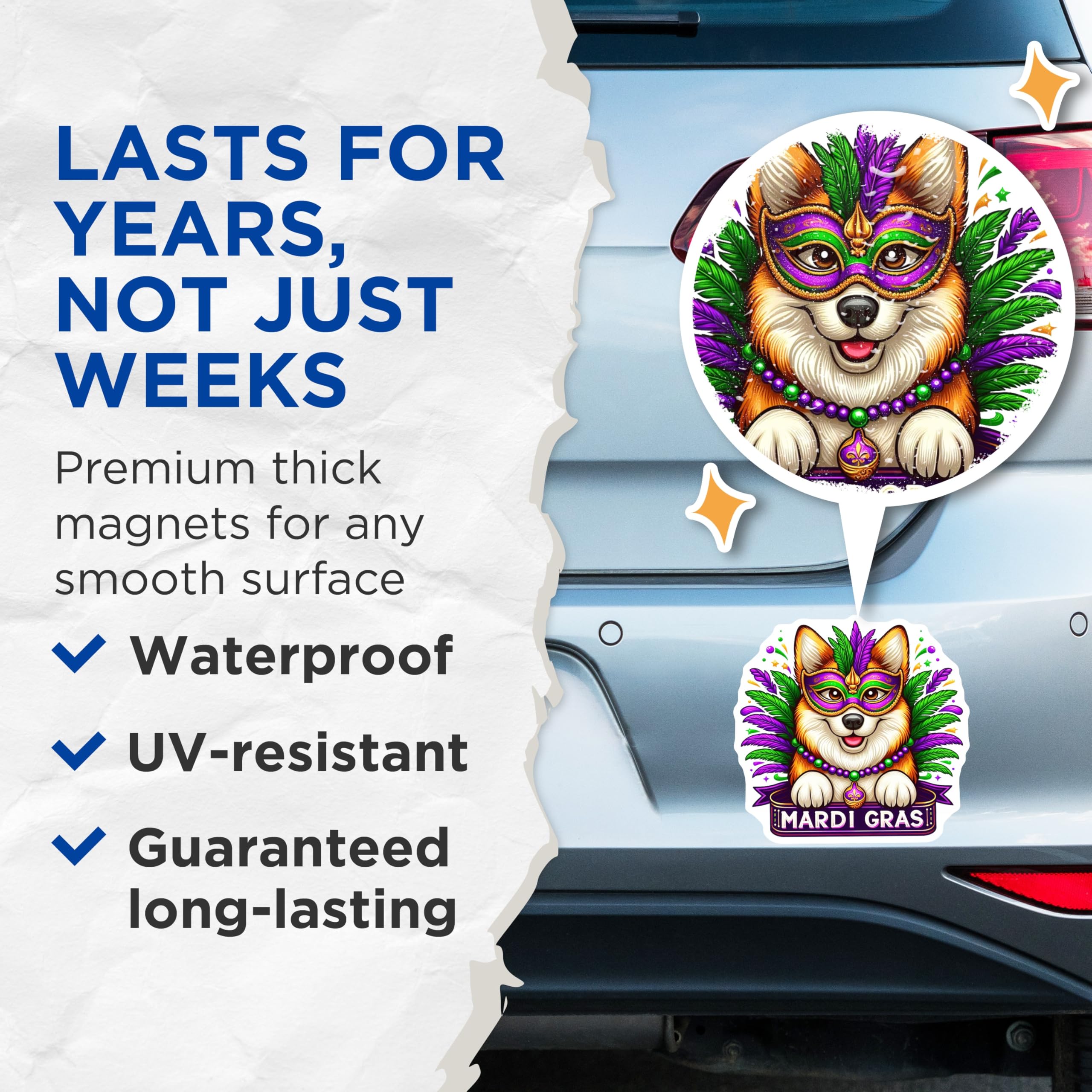 (2 Pack) Mardi Gras Dog Magnets - Corgi Party - Festive Decor Fridge Magnets - 5" On Longest Side - Premium Magnet - for Cars, Refrigerators, Toolboxes, Lockers - Made in USA - MAG14417