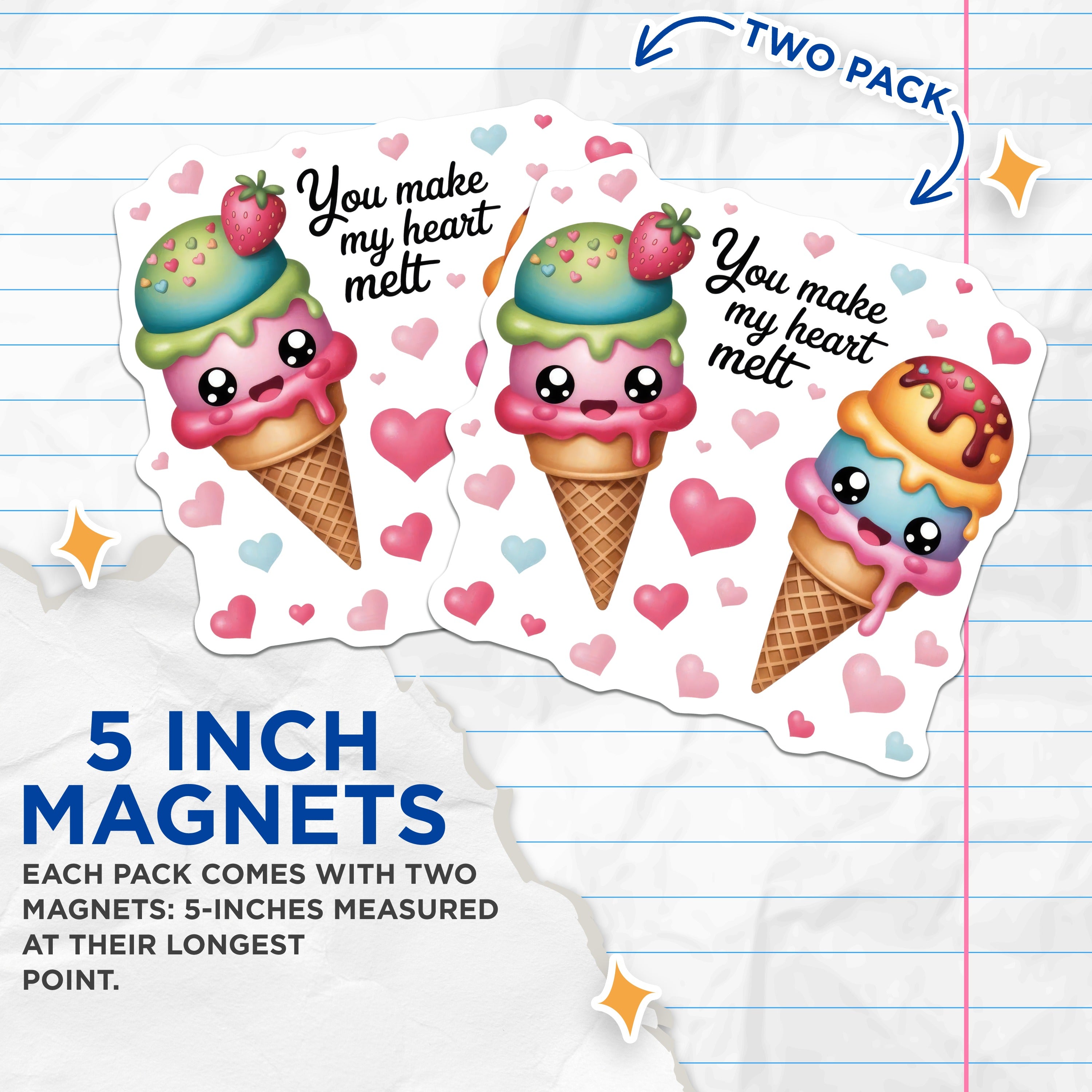 (2 Pack) You Make My Heart Melt Magnets - Cute Kawaii Ice Cream - Sweet Couples Decor - 5 Inches On Longest Side - Thick Durable Magnet - Made in USA - MAG36844