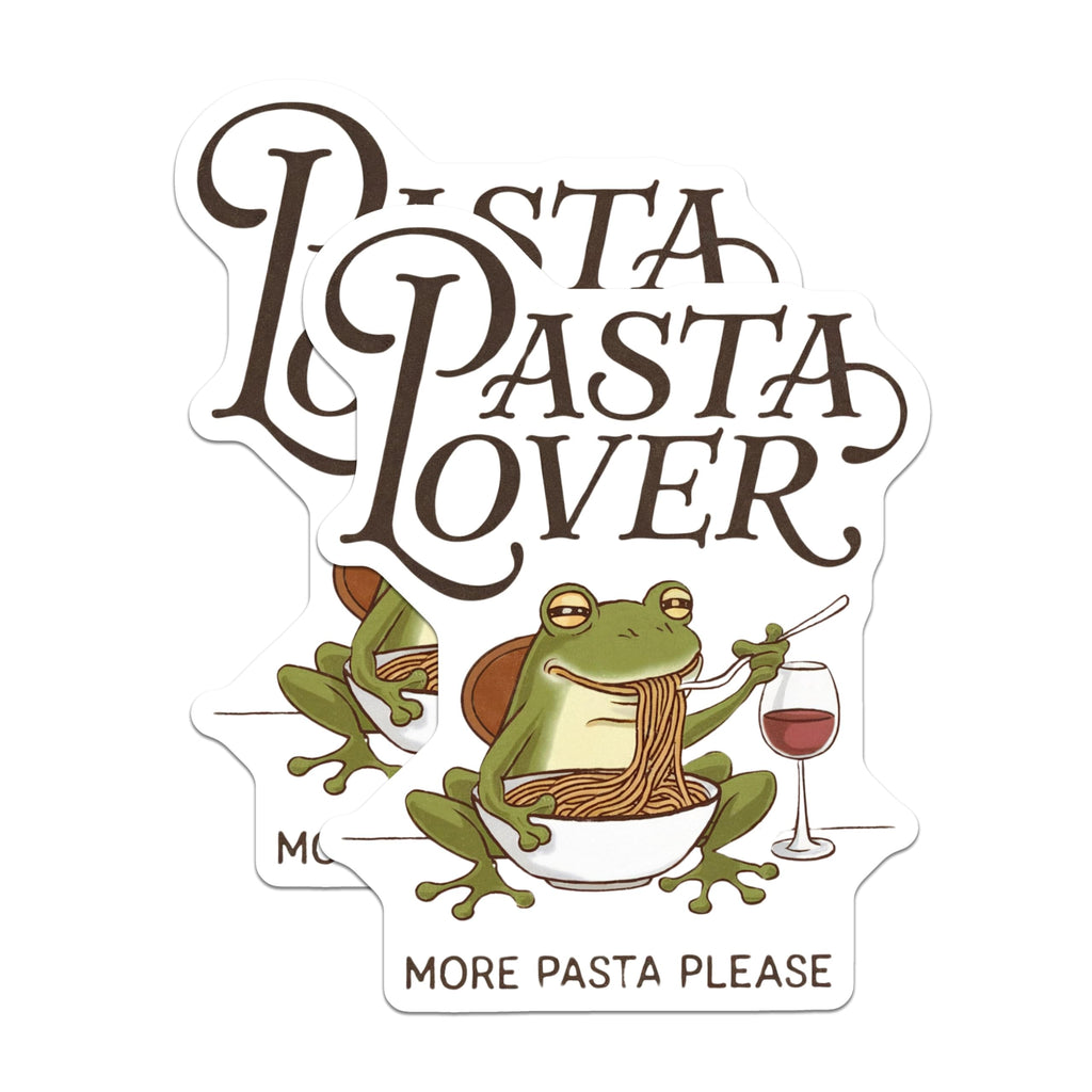 (2 Pack) Pasta Lover Stickers - Funny Food Stickers - Pasta Eating Frog Stickers - 5" On Longest Side - Sticks to Smooth Flat Surfaces - Made in USA - BMCS4207