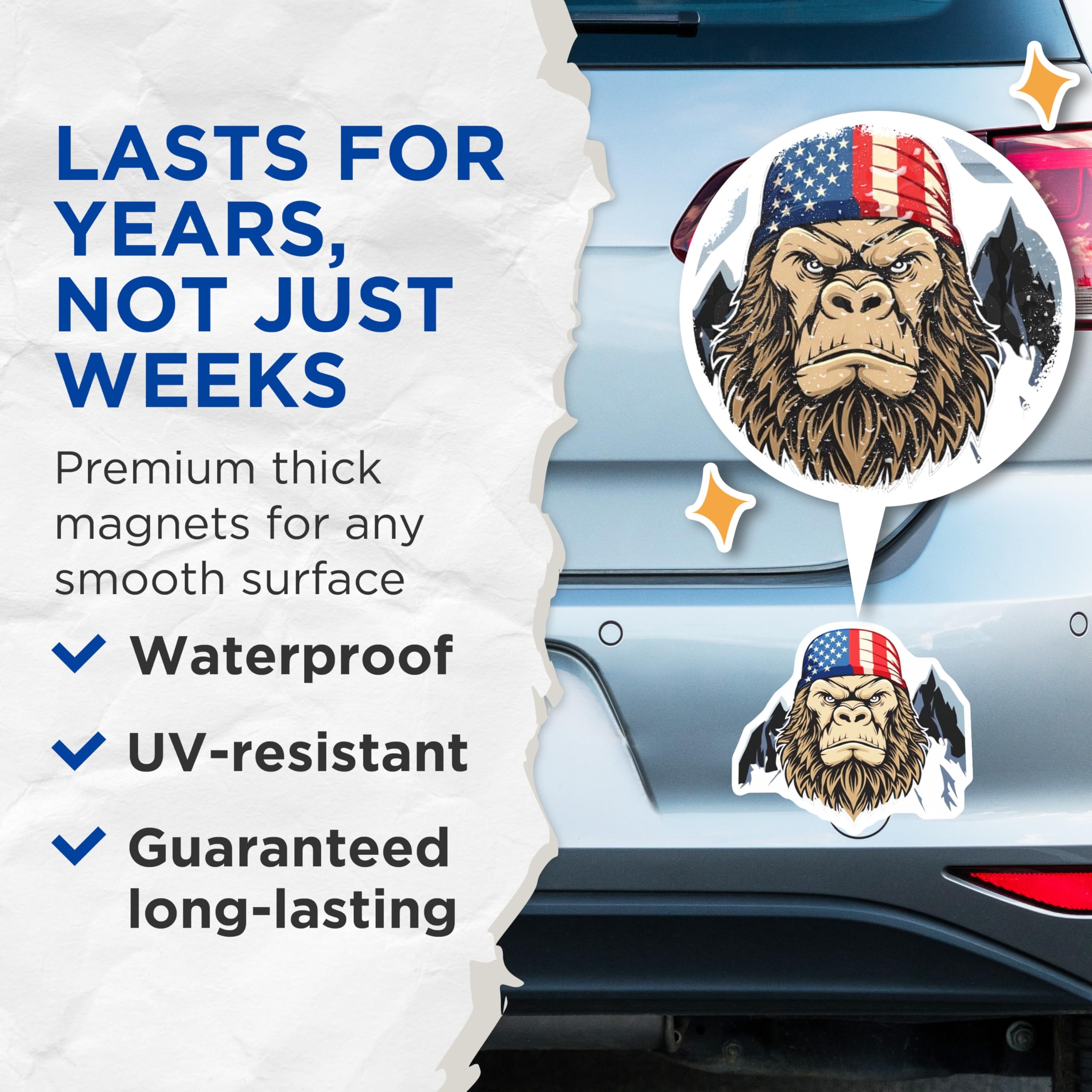(2 Pack) Bigfoot Magnets - American Flag Bandana Sasquatch - Patriotic Mountain Decor - 5 Inches On Longest Side - Thick Durable Magnet - Made in USA - MAG20303