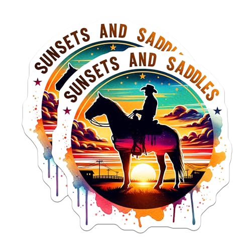 (2 Pack) Sunsets and Saddles Stickers - Cowboy Horse Silhouette - Western Sunset Art - 5" On Longest Side - Sticks to Smooth Flat Surfaces - Made in USA - BMCS6422