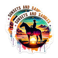 (2 Pack) Sunsets and Saddles Stickers - Cowboy Horse Silhouette - Western Sunset Art - 5" On Longest Side - Sticks to Smooth Flat Surfaces - Made in USA - BMCS6422
