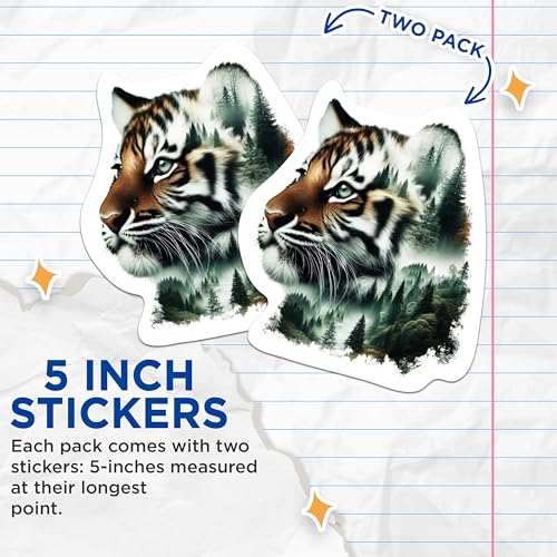 (2 Packs) Tiger with Forest Stickers - Cool Nature Wilderness Forest Decals - 5 Inches On Longest Side - Premium Vinyl Decal - Sticks to Any Smooth Flat Surface - Made in USA - BMCS2272