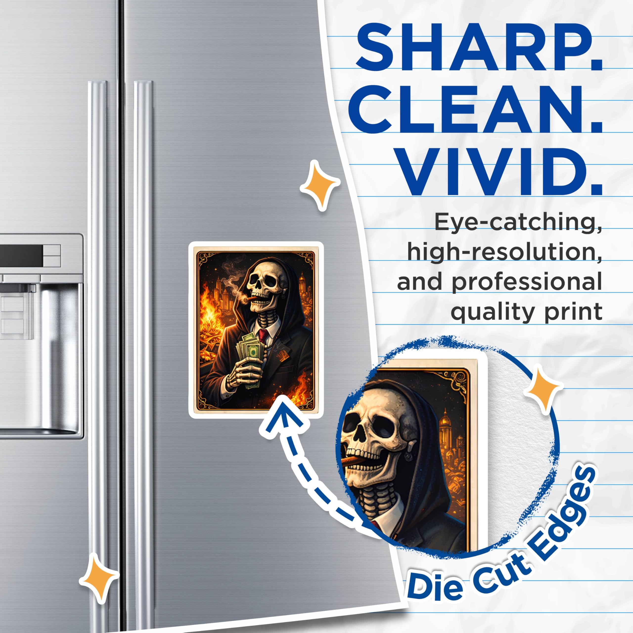 (2 Pack) Skeleton Money Magnets - Grim Reaper Art - Cigar Smoker Magnet - 5" On Longest Side - Premium Magnet - for Cars, Refrigerators, Toolboxes, Lockers - Made in USA - MAG15691